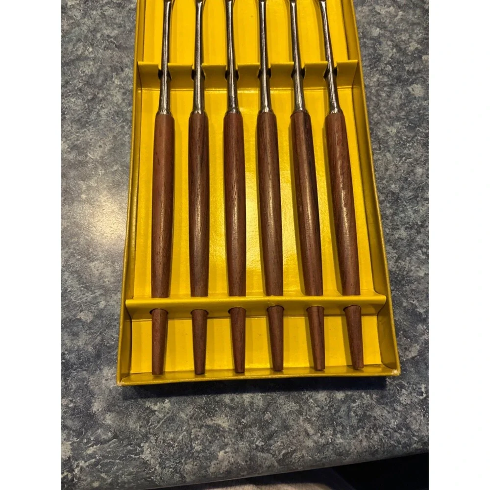 VTG Fondue Forks Fred Roberts San Francisco Wood Stainless Steel 6 Piece